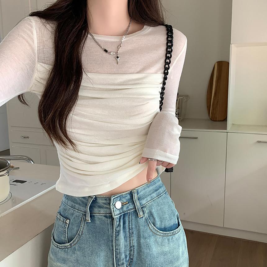 디에프 여성 레이어드 라운드넥 여자 데일리 무지 시스루 셔링 드레이프 크롭 긴팔 이너 티셔츠  셔링세미시스루긴팔티