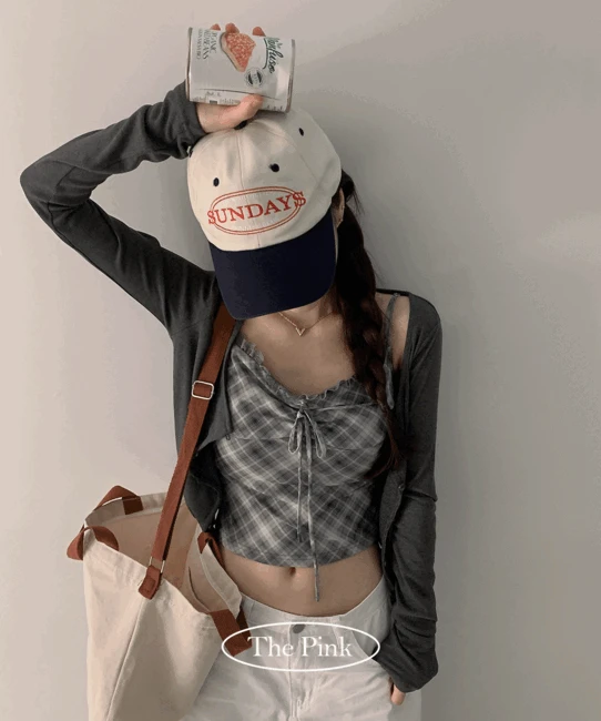 [러블리/여리무드] 크릿 체크 리본 레이스 끈 나시 + 긴팔 가디건 set (2color)