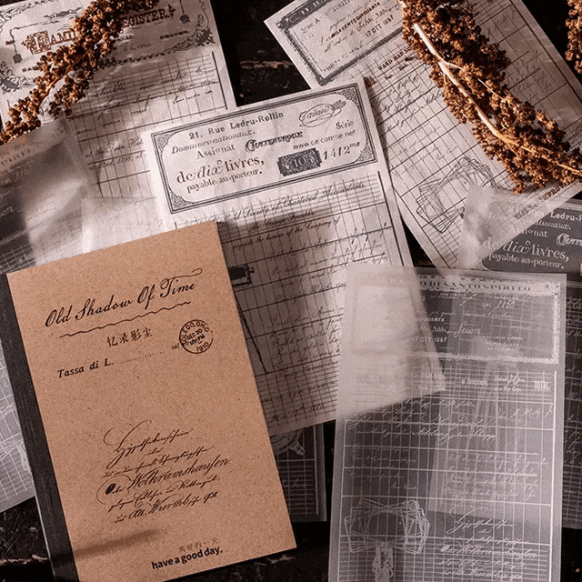 [1+1할인] 과학자의 연구노트 빈티지 메모지 배경지 랩핑지 트레이싱지 황산지 반투명 흑백 레터링 나비 산업혁명 앤틱 소품 다이어리 꾸미기