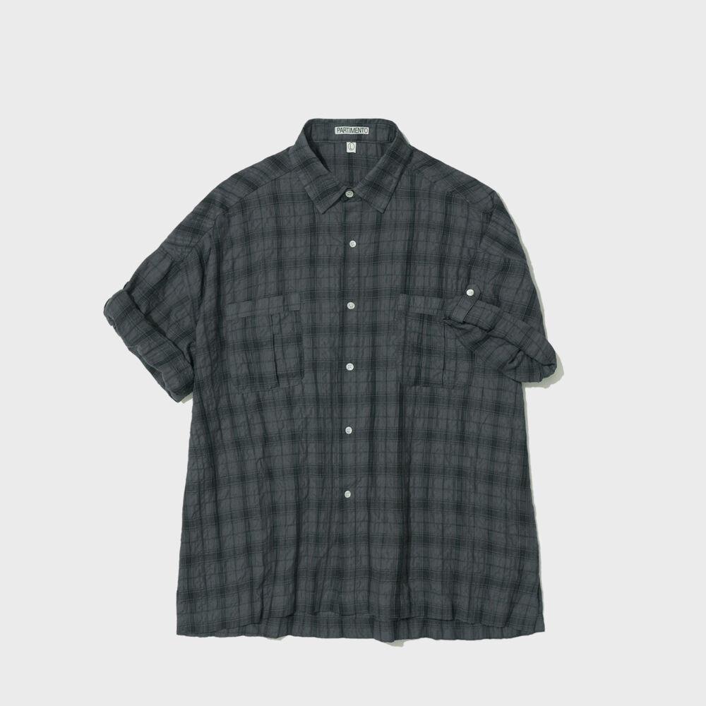 Wrinkle Check Boxy Overfit Roll up Half Shirt Dark Navy
