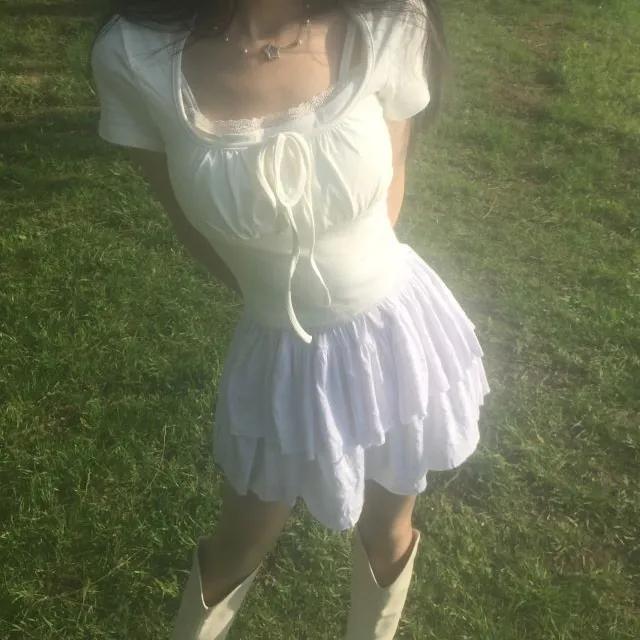 화이트 러블리 빈티지 레이어드 반팔티 [y2k]