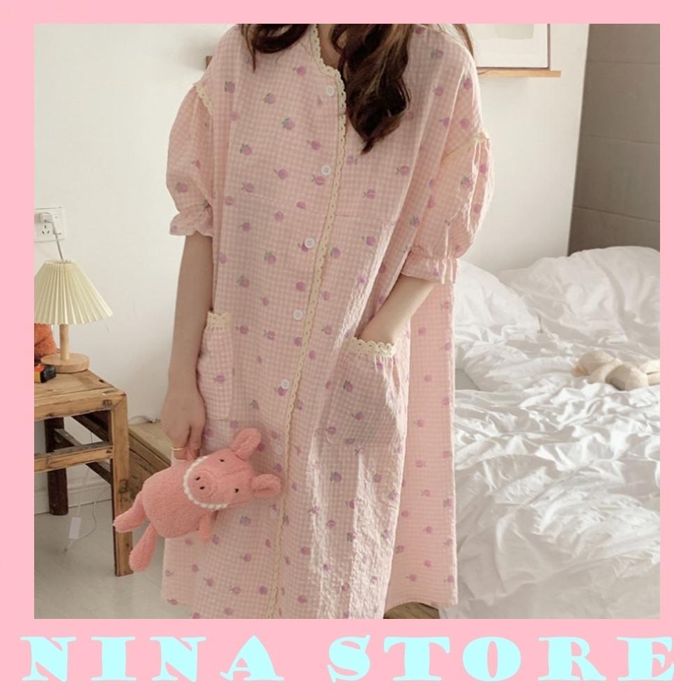여성잠옷 원피스 피치 복숭아 체크 5부소매 홈웨어 파자마 상하의세트