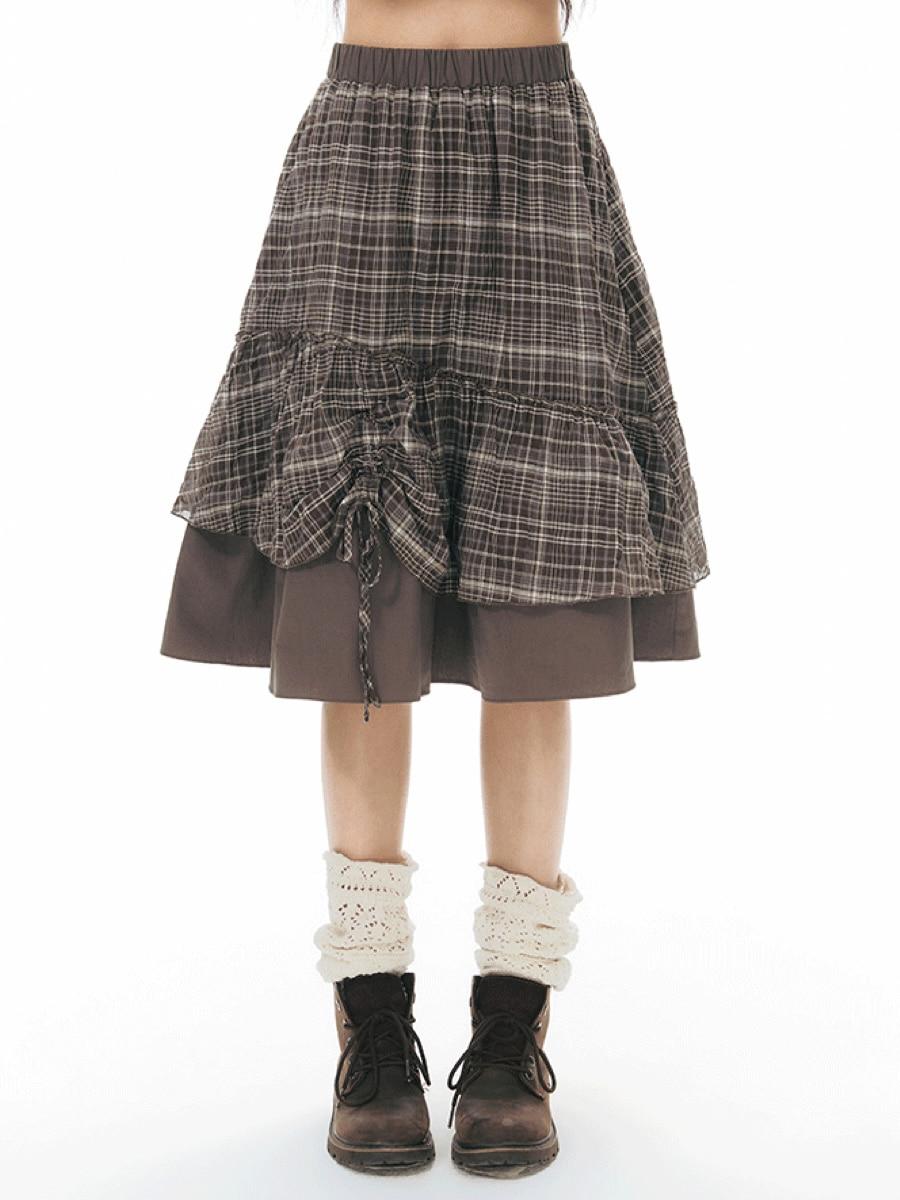 TAKEANAP Rustic Gingham Shirring Tiered Skirt (2color)
