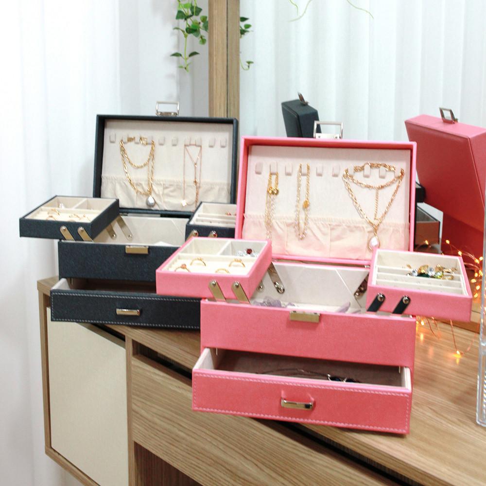 풀커버링 고급형 가죽 4단 텐클립 귀걸이 악세사리 보관함 보석함 반지 주얼리 박스 정리함