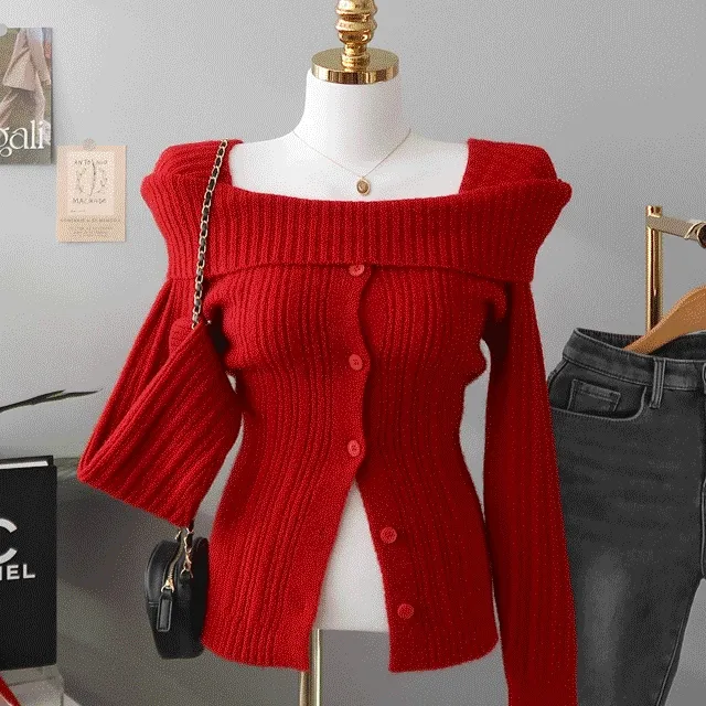 [연말룩❤️🎄여리핏! *스퀘어넥 오프숄더* 보트넥 도톰폭닥 골지니트 단추트임 크리스마스(7color)]  디쥬립숄더단추니트