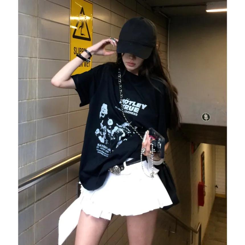 WARDEN EDGE 티셔츠 록 밴드 블랙 프린트 티셔츠 루즈핏 라운드넥 반팔티