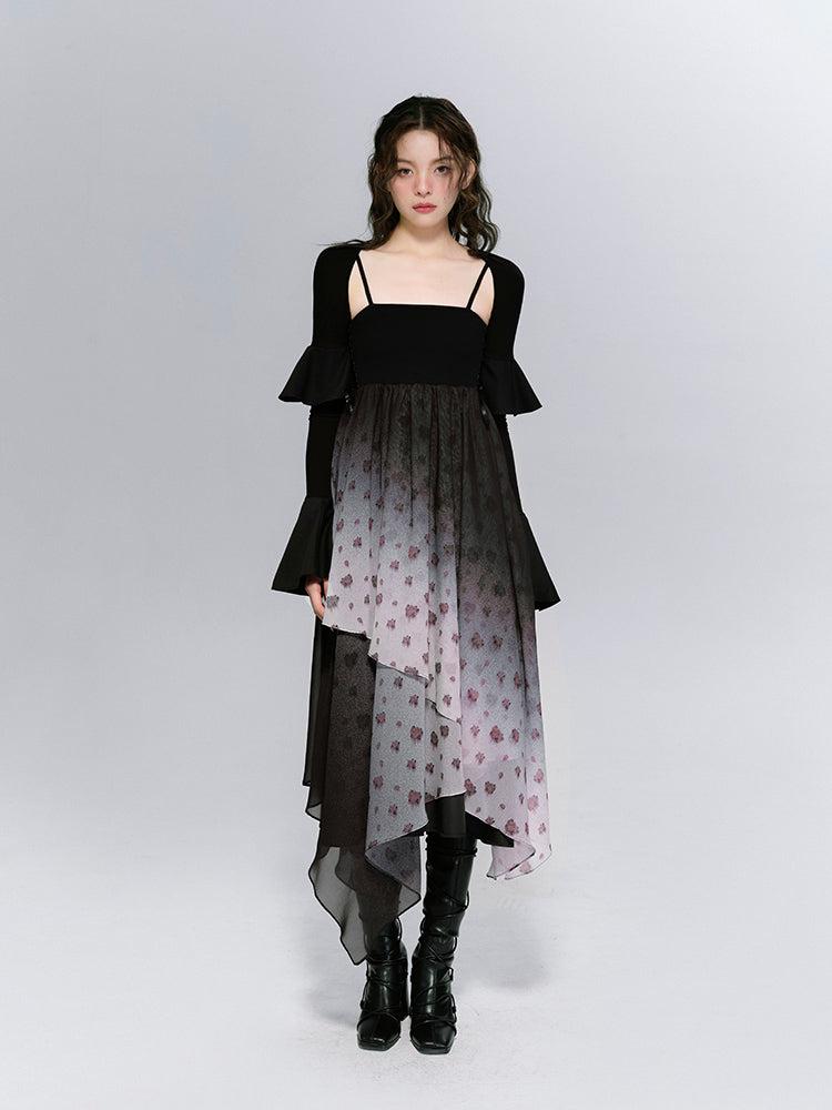 Ciffon Gradation Asymmetry Flower Blouse&One-piece