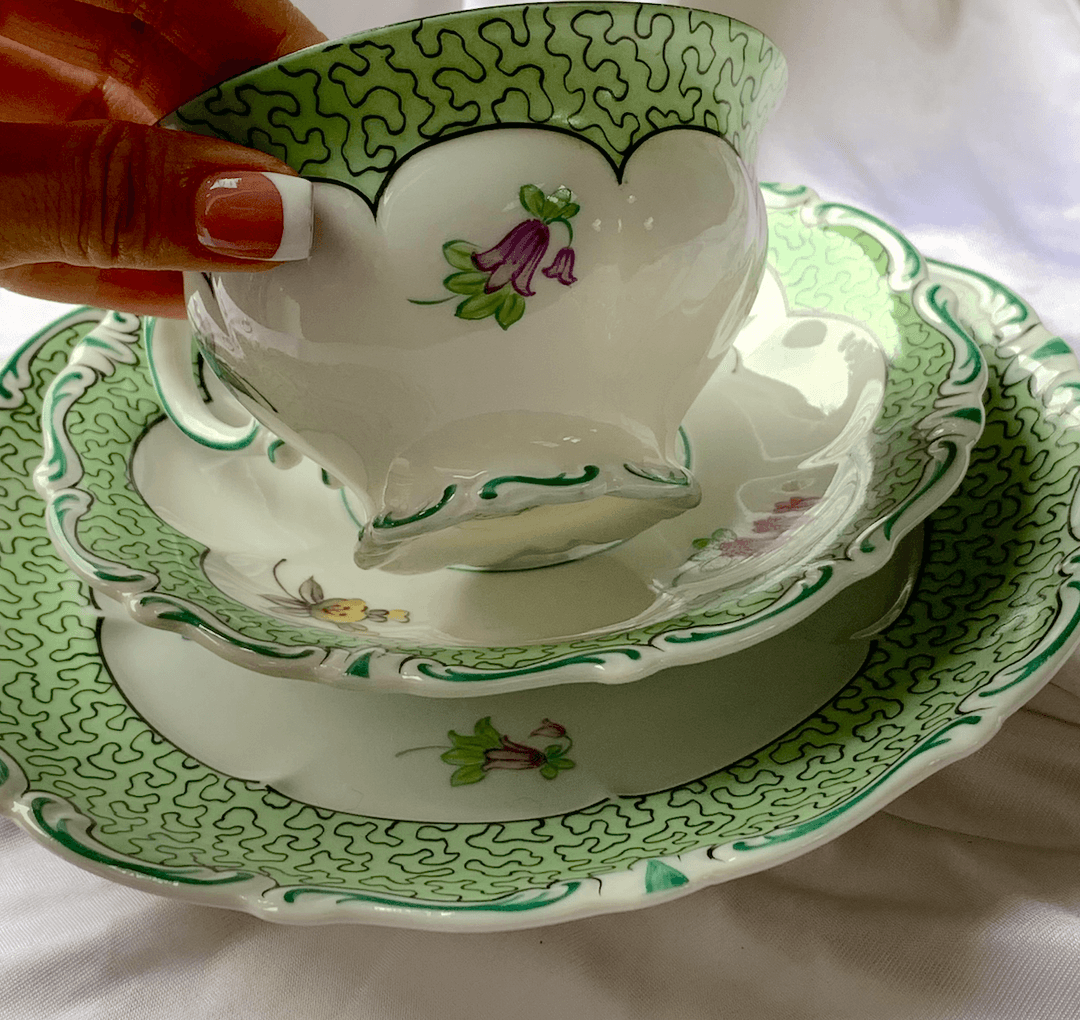 [RARE] Embossed green Fine china tea cup trio set with 4 flowers