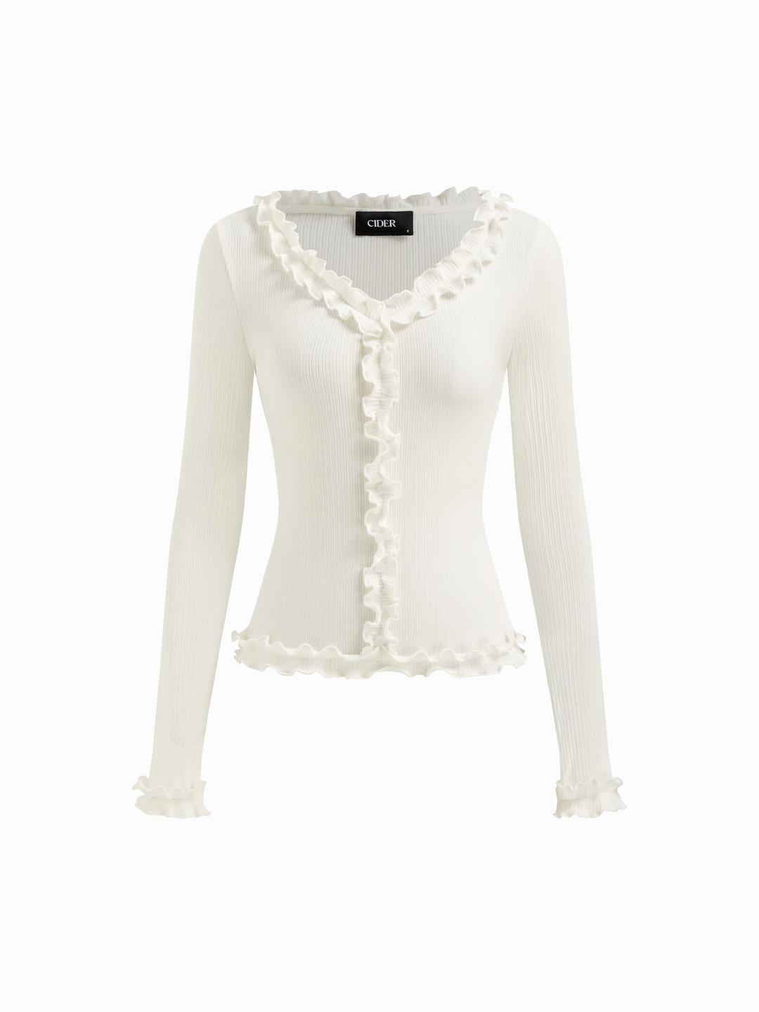 V-neck Long Sleeve Lettuce Trim Top