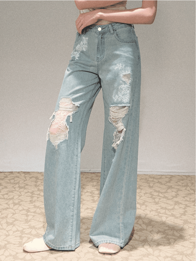 [OAK MOO] "Angel's Texture\" Destroyed Lace Denim Pants