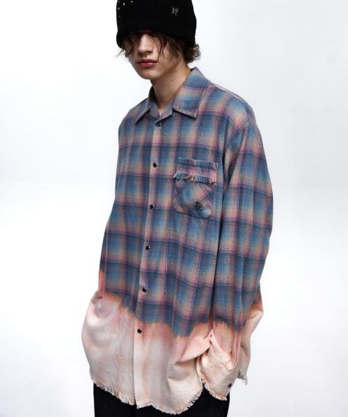 FRINGE DYED CHECK SHIRT - BLUE