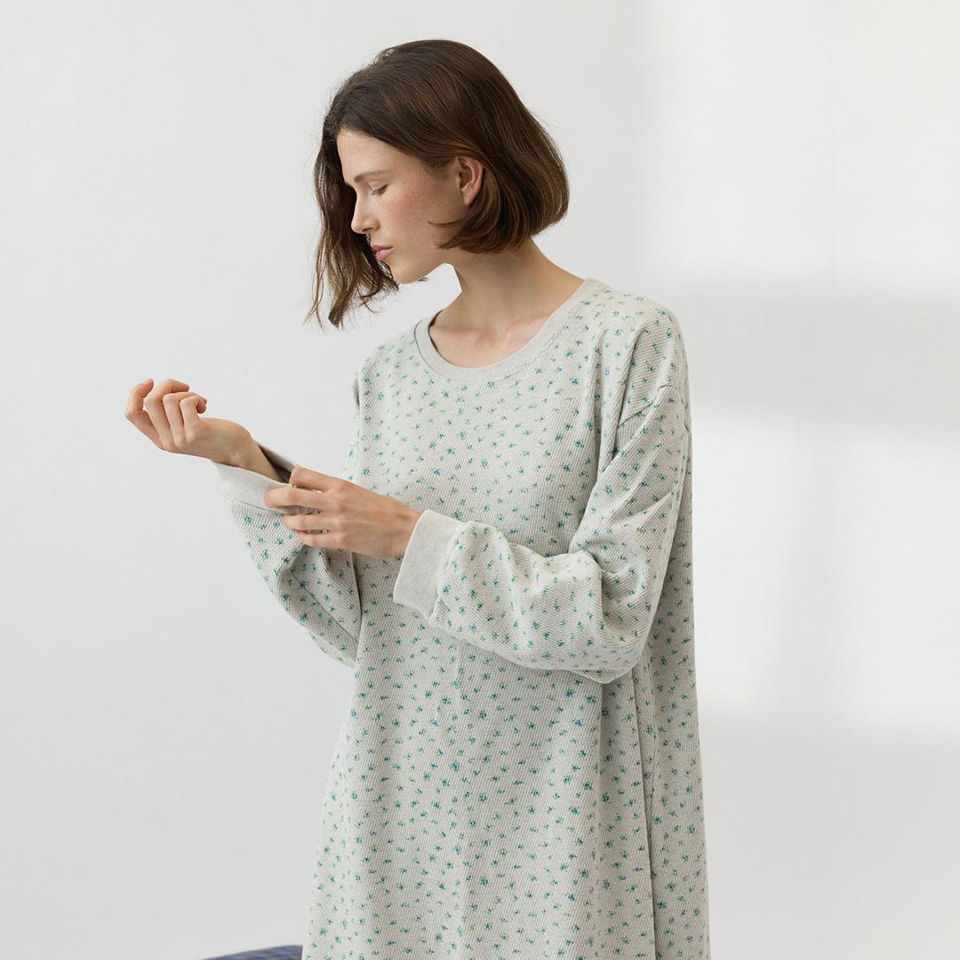 네프린 플라워 순면 와플 여성 홈웨어 원피스 잠옷 파자마 긴팔