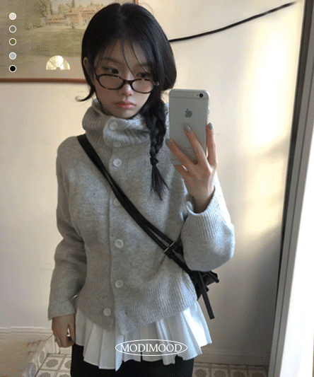 [데일리/빈티지🖤] 모루카 후드 버튼 하이넥 니트 가디건-5color