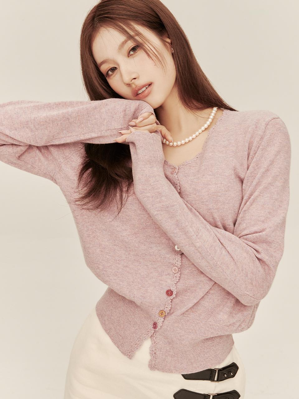 [사나 착용] SALENA wool v neck cardigan_popcorn pink