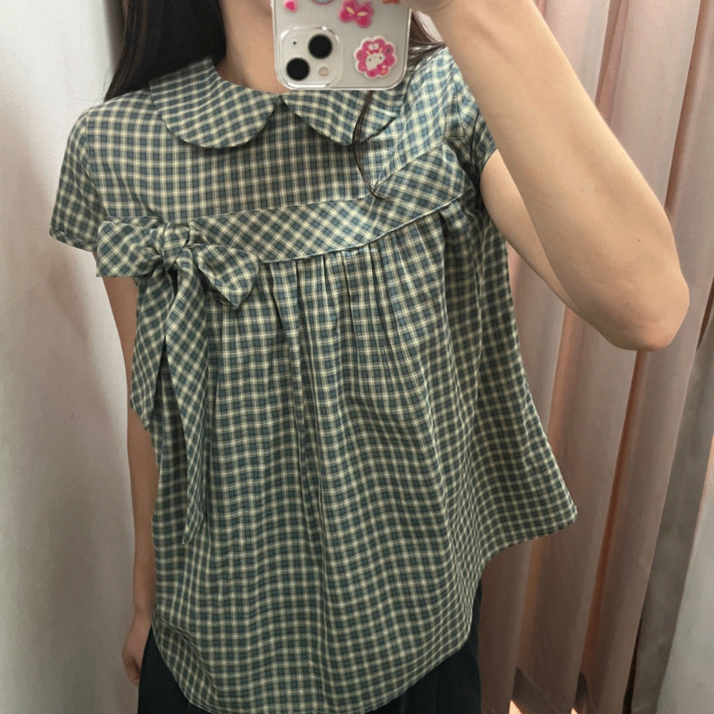 스테이데이 라운드 카라 체크 리본 반팔 블라우스