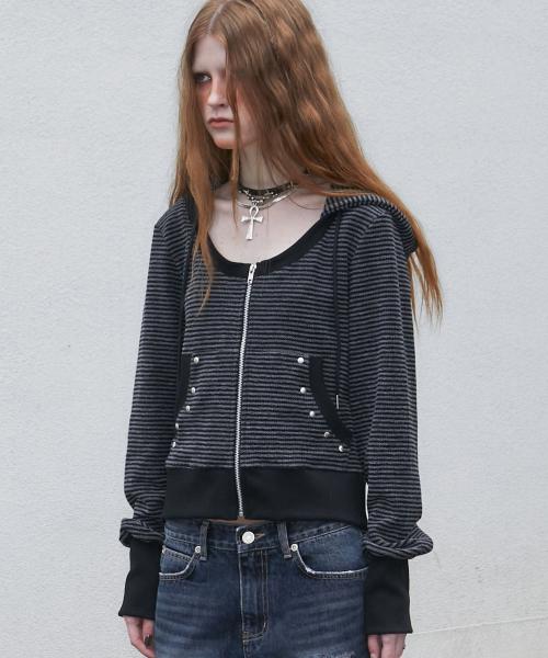 U Neck Stripe Hood Zip Up (BLACK)