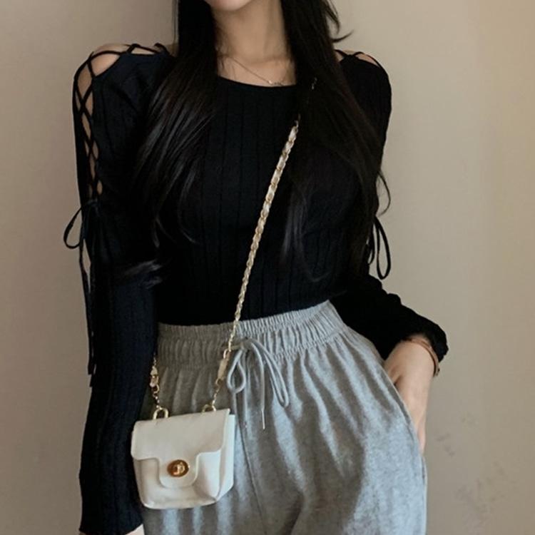 어깨 코르셋 골지 니트티