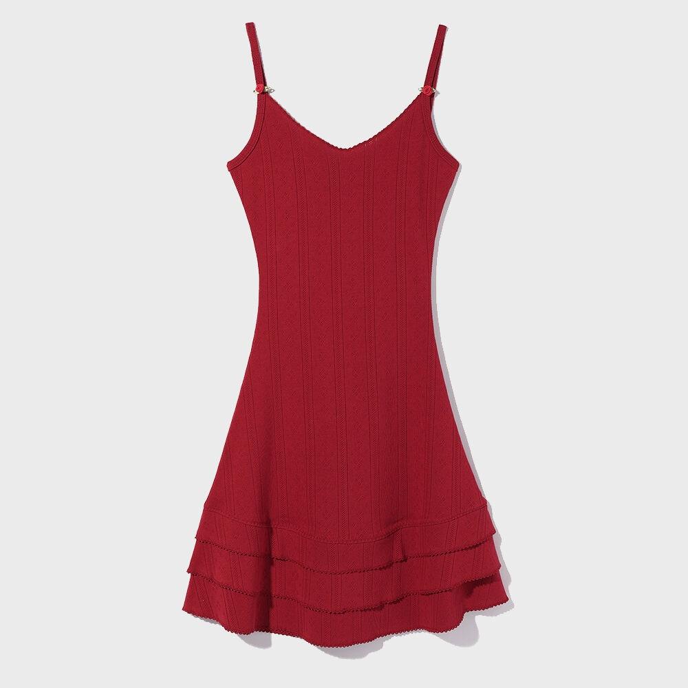 EYELET FRILL DRESS RED