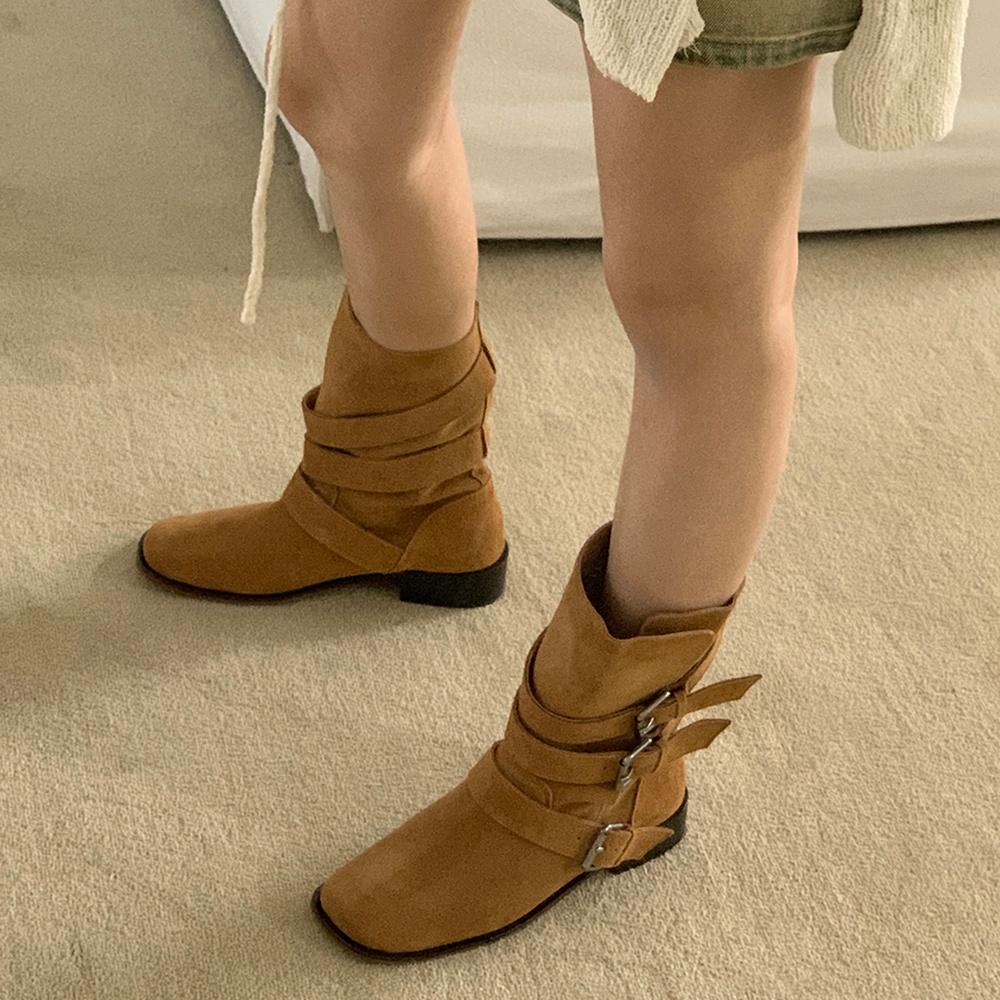 me6189 빈티지 레이어드 버클스트랩 미들부츠 vintage buckle strap middle boots