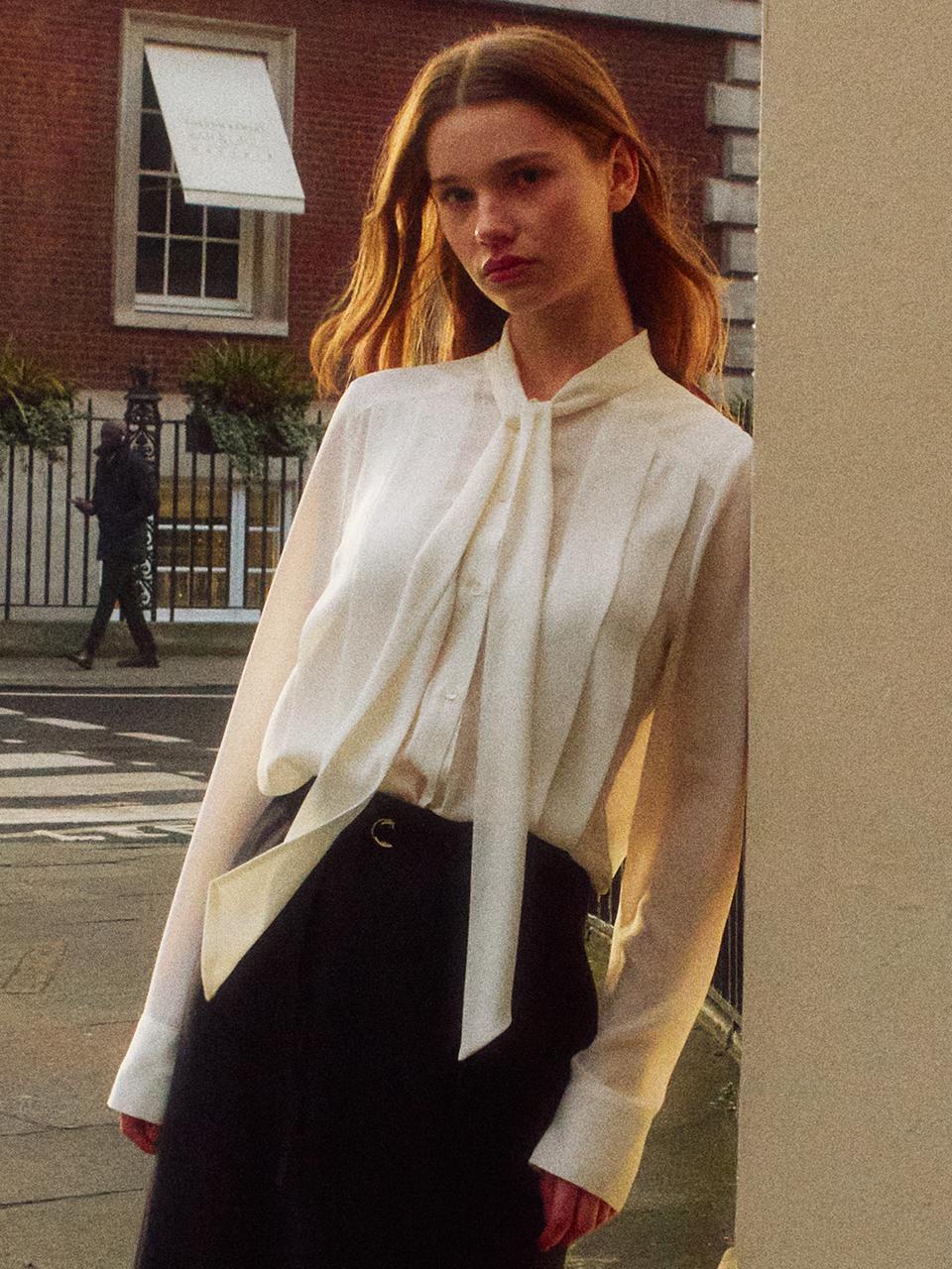 RIBBON TIE PINTUCK BLOUSE_3COLOR