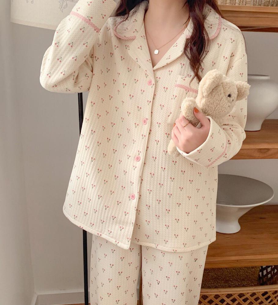 여성 긴팔 누빔잠옷 세트 버찌 나염 파자마 여행룩 홈웨어