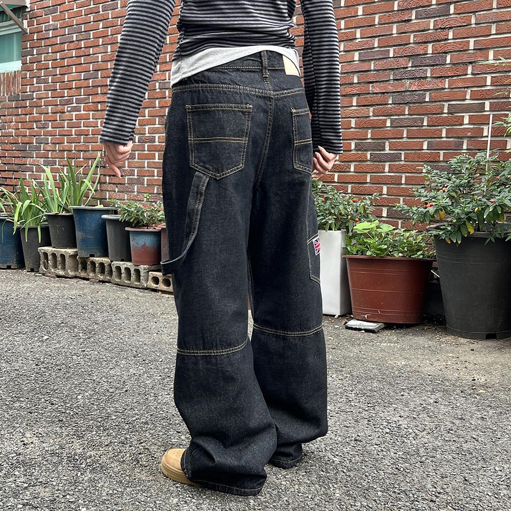 키비논 [빈티지힙] 로건 패치 카펜터 스티치 생지 데님 와이드 롱 팬츠