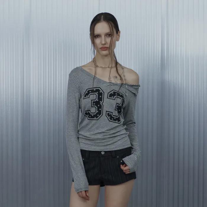 33 STRIPE V-NECK TOP / MELANGE GRAY