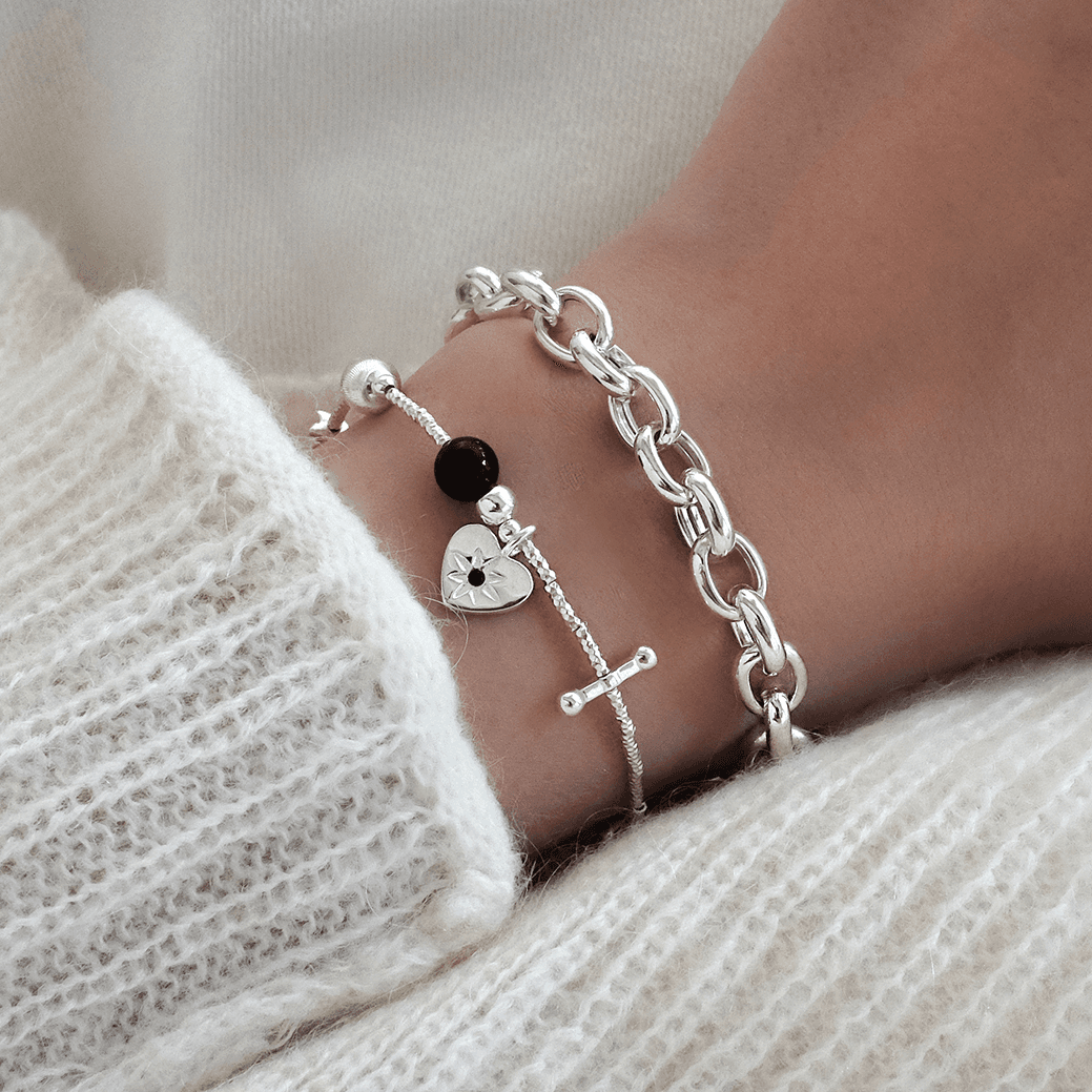 실버925 오닉스 원석 하트 참 팔찌