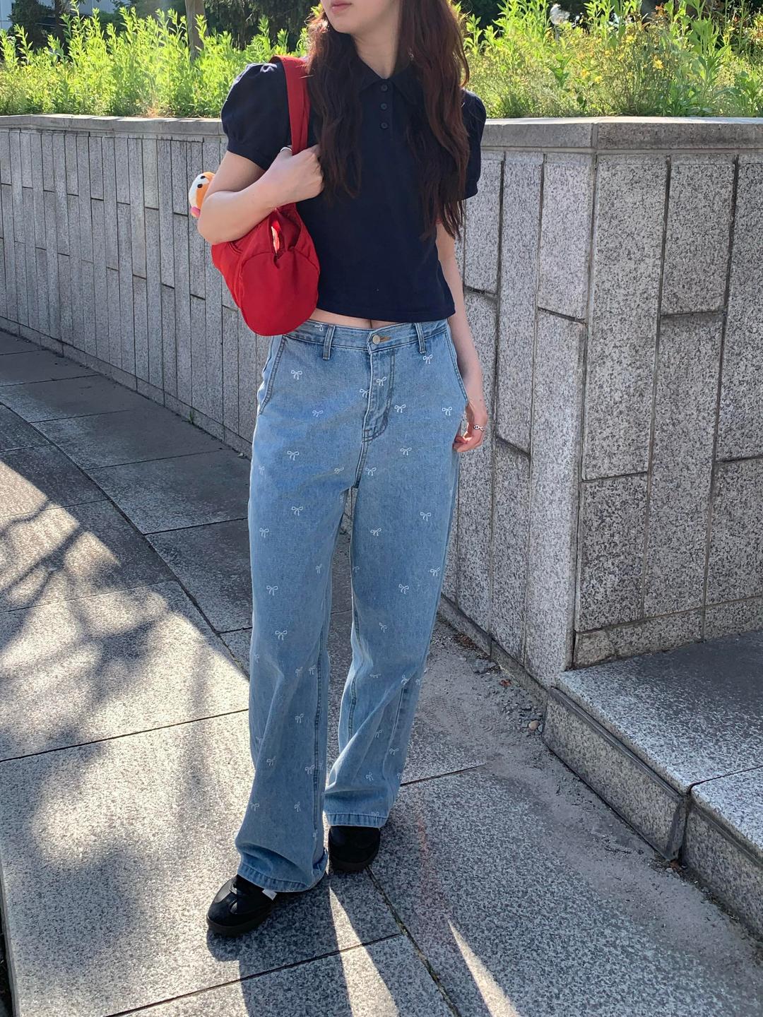 큐트리본 핀턱 데님팬츠