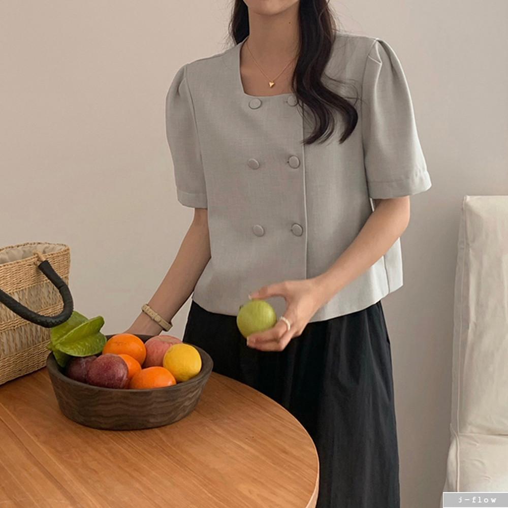 브릿지 트위드 스퀘어넥 더블버튼 자켓 4col 여름 봄 크롭 퍼프 반팔 하객 제이플로우