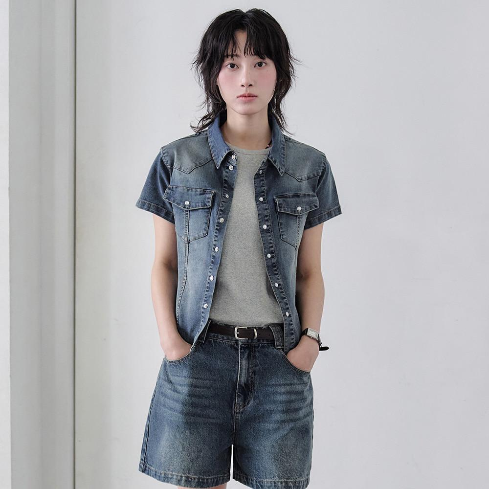 [W]Western Slim Denim Short Shirts DCWSH002BlueA
