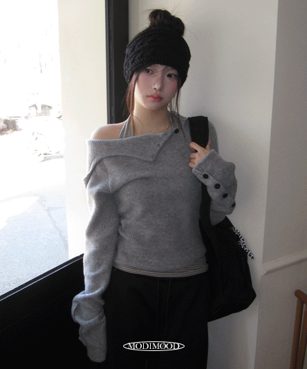 [사선하이넥🖤] 쿠링 버튼 후드 단추 니트 골지 후드 티 - 4color