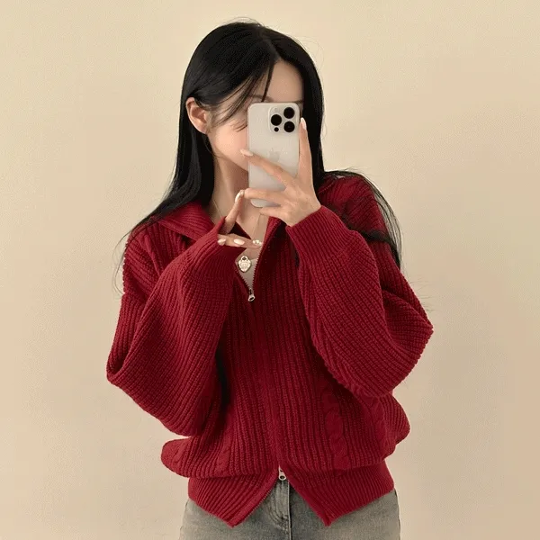 [데일리/아방핏] 말라보이는, 도톰 꽈배기 카라 투웨이 루즈핏 니트집업 가디건 (5color)