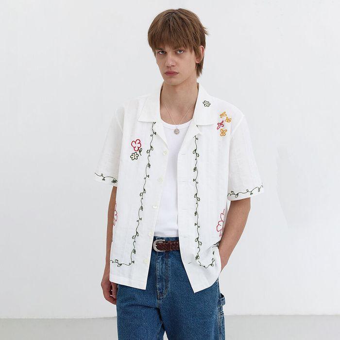 UNISEX HAND-DRAWING OPEN COLLAR SHIRT GARDEN GREEN_M_UDSH5B129E2