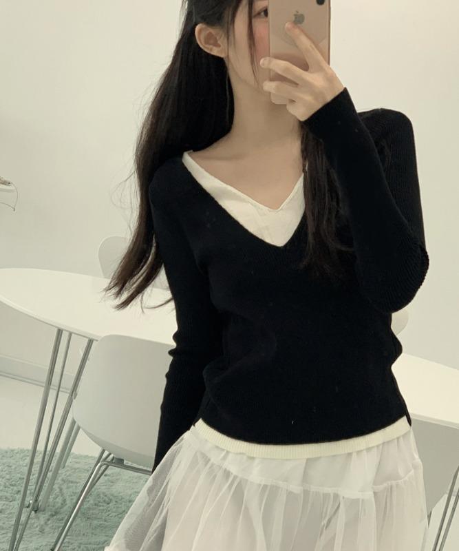 어텀 레이어드 브이넥 골지 긴팔 니트 (GRAY,BLACK 2COLORS!)