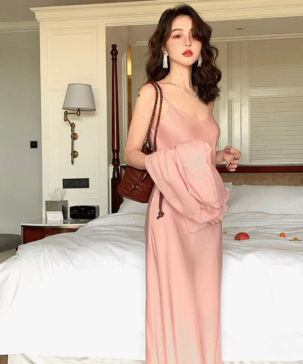 어필링 퍼쉬 심플 캐주얼 러블리 파스텔 슬리브리스 롱원피스 (핑크,블루)