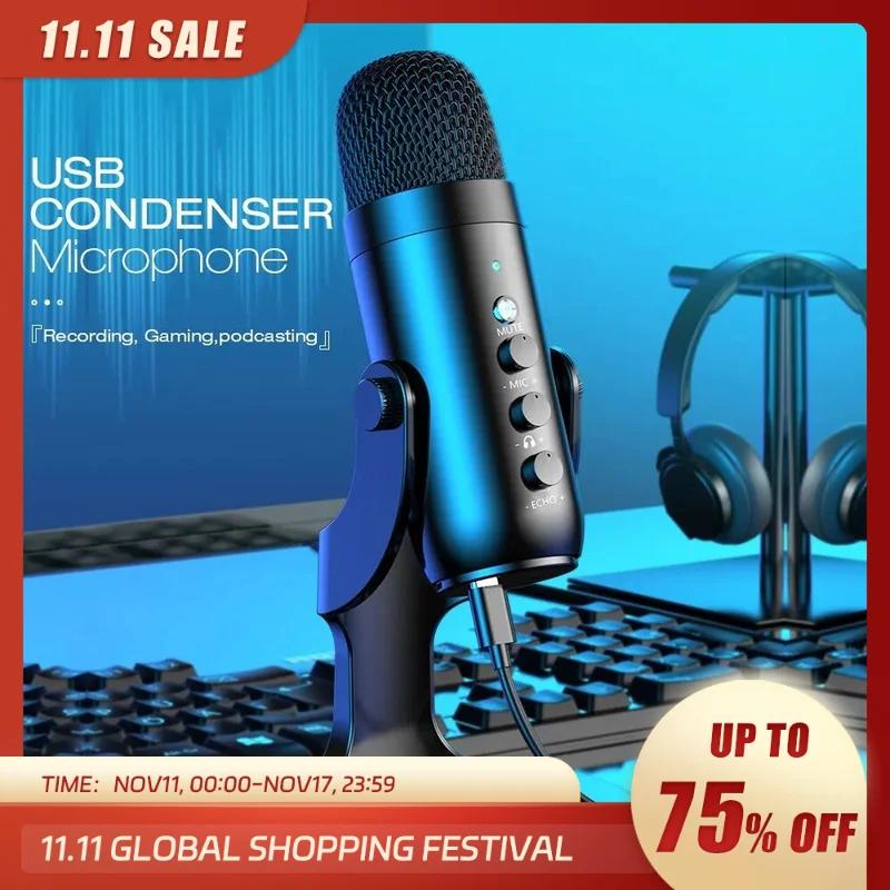PC Mac 게임용 USB 마이크, 녹음 스트리밍 팟캐스팅용, 컴퓨터 콘덴서 마이크, 전화 어댑터 포함, 헤드폰 출력
