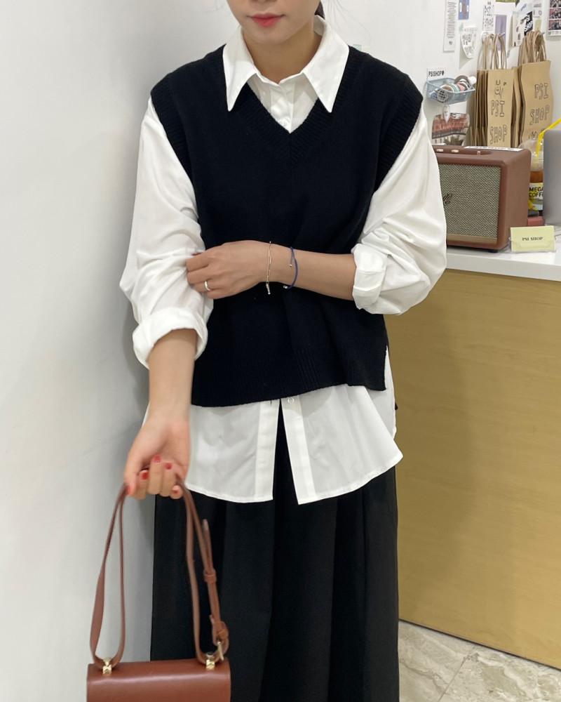 프롬 조끼 브이넥 트임 뒷트임 가을 간절기 레이어드 회색 그레이 블랙 검정 넉넉한 베스트