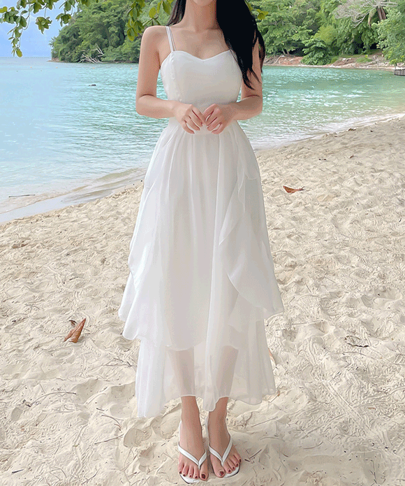 당일 (취향저격 여신룩-/2size) 샤인 프릴 캉캉 해변 나시 롱원피스