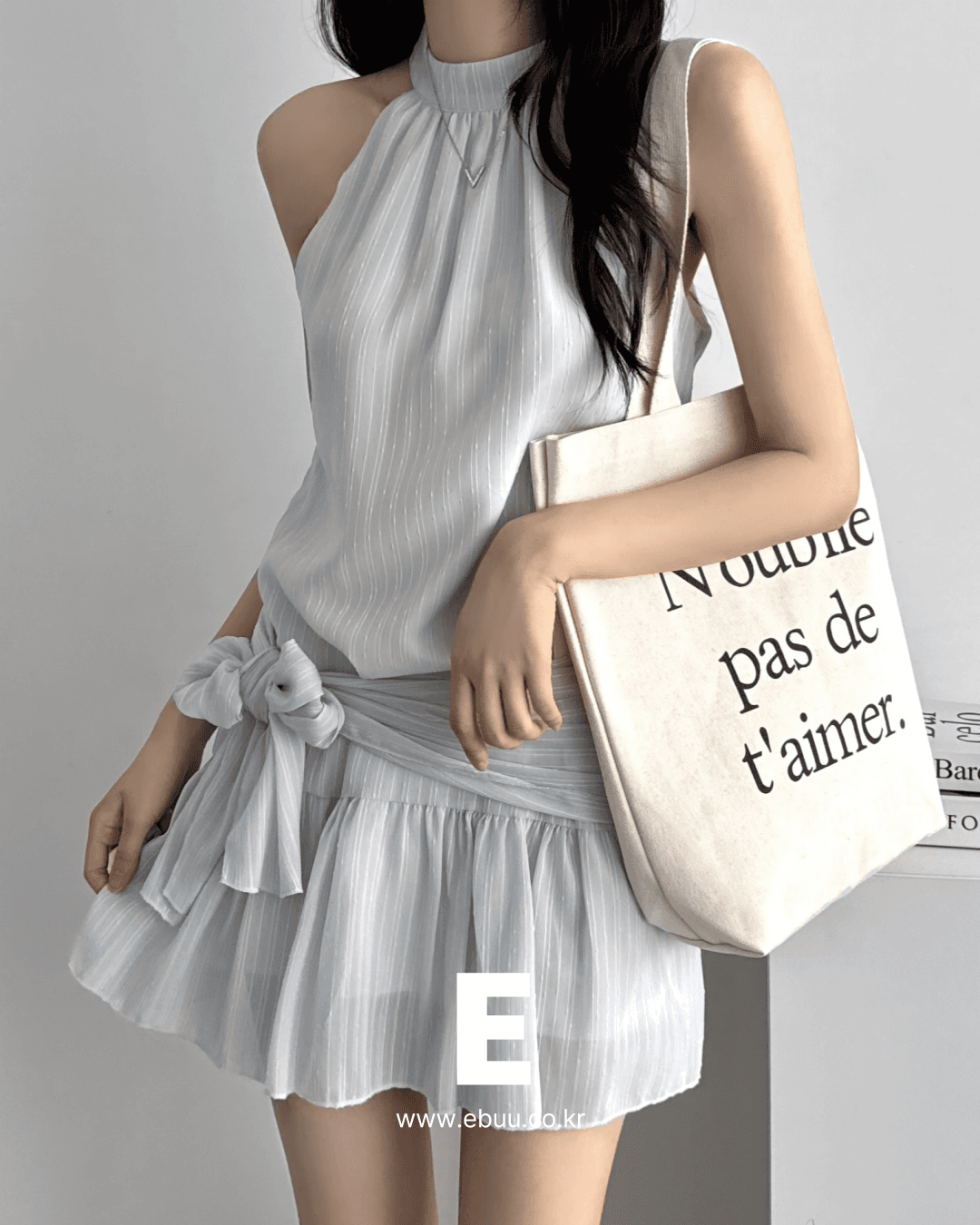 이버유 [청순핏🎀여리여리] 프릴 허리끈 리본 세미 홀터넥 나시 블라우스 - 3color