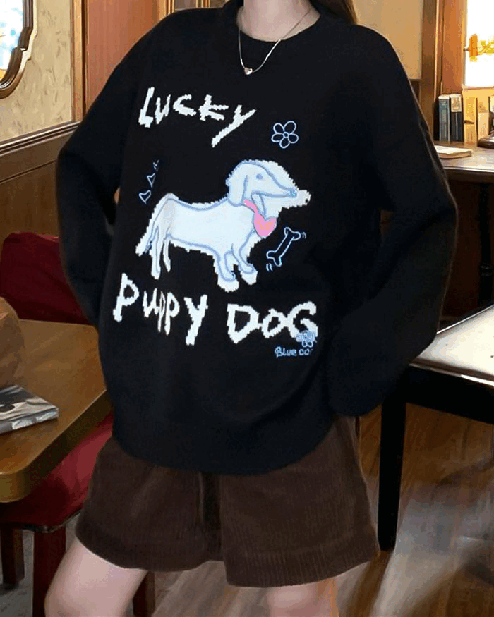 캐릭터 자수 라운드 루즈핏 퍼 니트