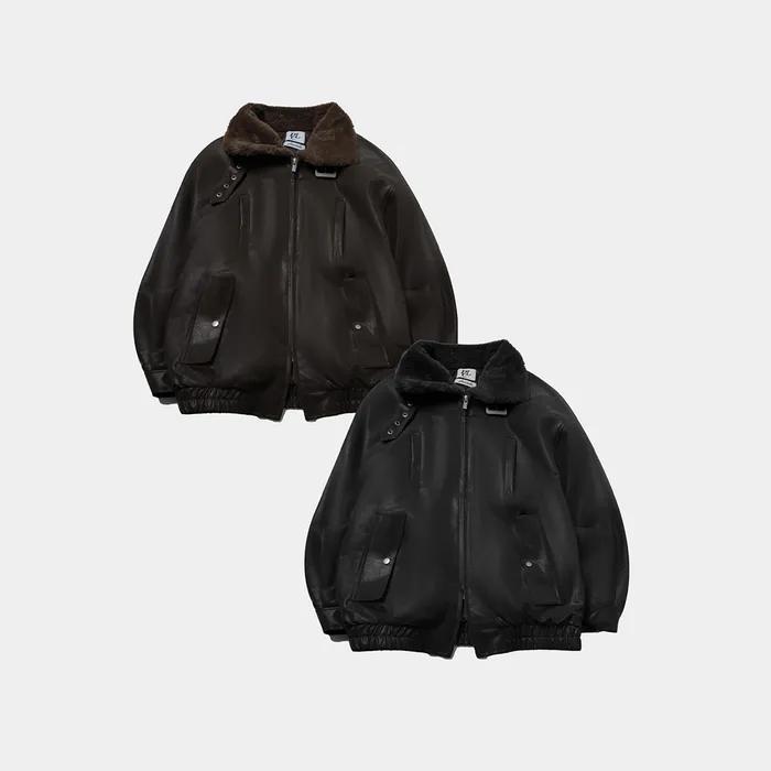 빈티지 하이넥 버클 오버핏 퍼 레더 무스탕 자켓 점퍼_2COLOR