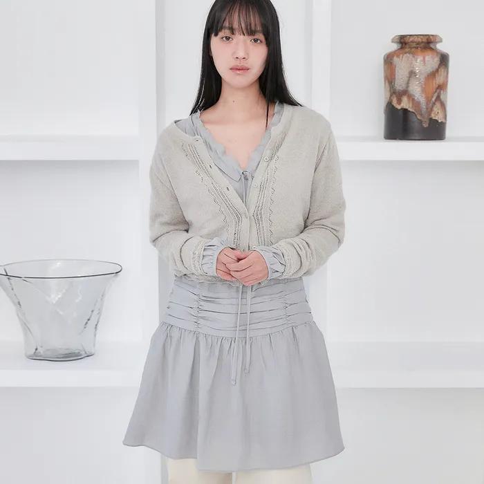 RIBBON SHIRRING ONE PIECE DRESS [ PALE BLUE ]