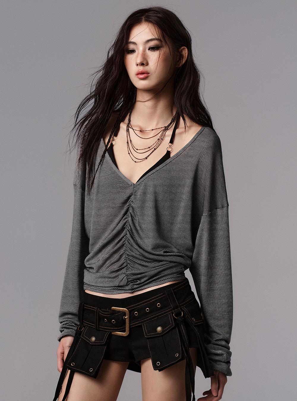 Stripe Slim-Fit V-Neck Long Sleeve Top