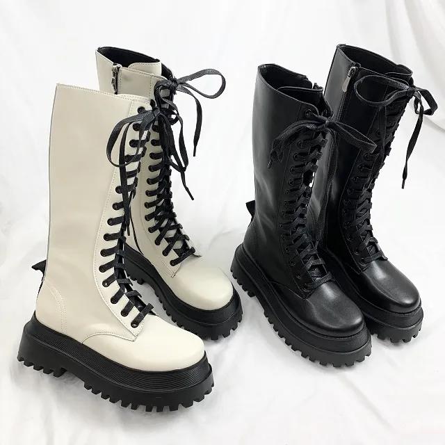 [225-255] 아웃솔 이중창 통넓은 키높이 통굽 레이스업 워커 롱부츠 6.5cm