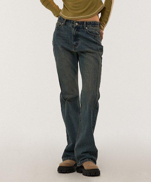 우알롱 Western washed boots-cut denim pants - BLUE - 위시버킷
