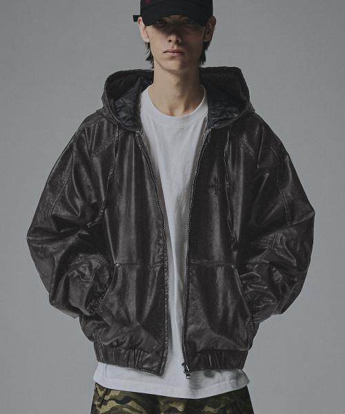 Crop Leather Vintage Hooded Jacket - Charcoal