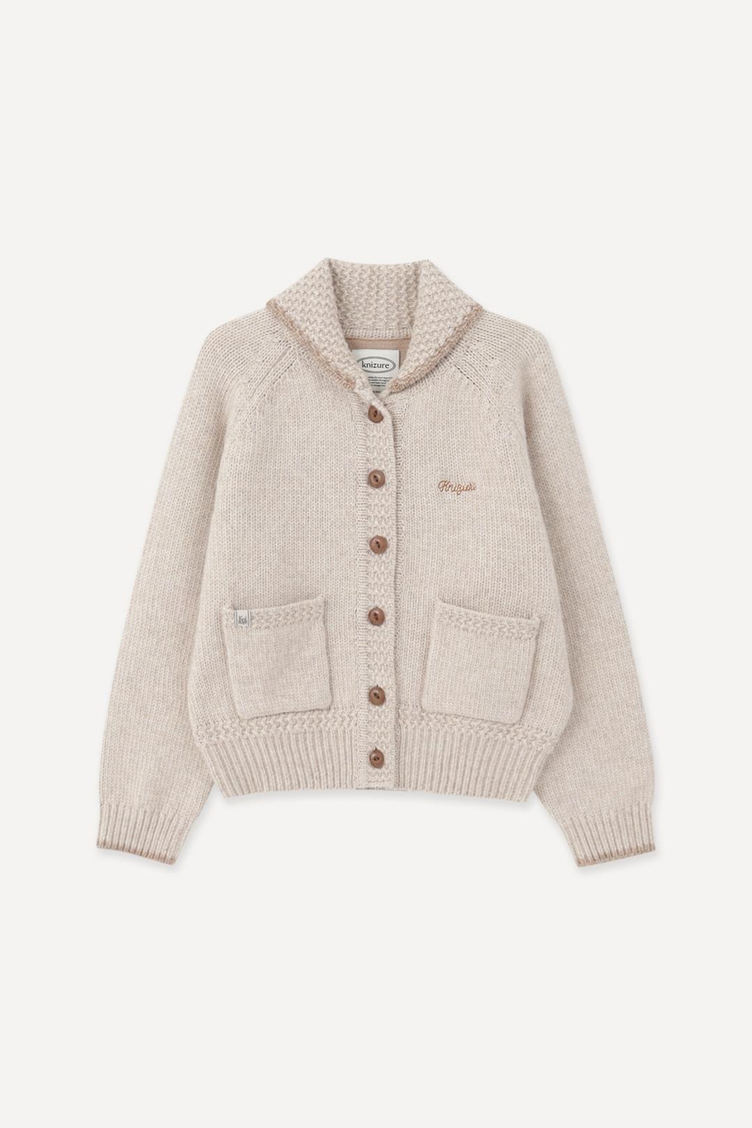[리사이클] 버튼 카라 바시티 니트 자켓_Light Beige