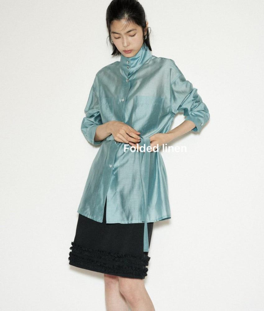 (핑크당일)25SS 하이넥 블라우스 하이넥 루즈핏 스트링 시어 블라우스(2color)