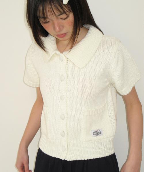 POCKET COLLARED KNIT SHORT SLEEVE CARDIGAN IVORY